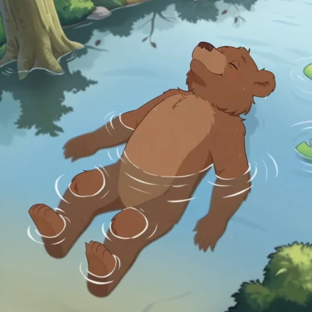 masterpiece, best quality, amazing quality,  lttleBearLBil, semi-anthro, male bear, brown fur, closed eyes, forest, pond, swimming, afloat, on back, partially submerged, from above, solo