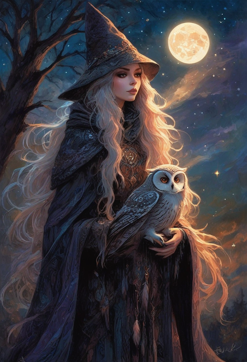 CreepyCuteMagical,   A radiant witch with flowing hair the color of twilight holds a softly glowing owl perched on her arm. The owlâs feathers shimmer like silver moonlight, and its eyes seem to hold ancient secrets. The witch gazes at it with deep admiration and love, her eyes sparkling with trust and connection. The sky behind them is filled with shooting stars, creating an atmosphere of wonder and magical kinship.