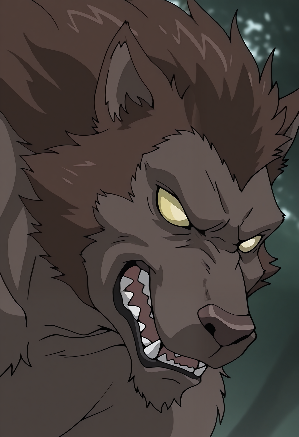 masterpiece,best quality,amazing quality, 1boy, solo, w0lfSS, werewolf, no pupils, colored sclera, brown fur, brown hair, close up side angle, smug,