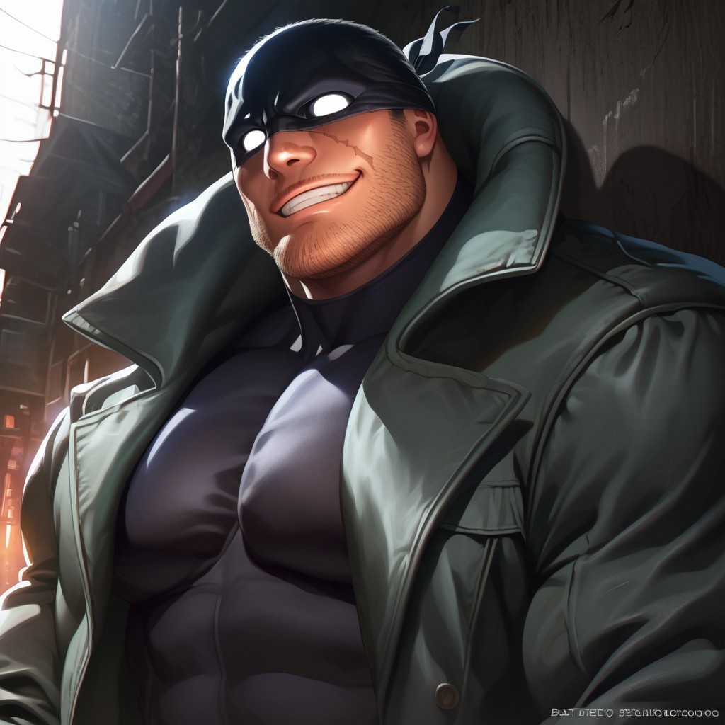 safe_pos, safe_pos, source_anime, detailed background, (score_9, score_8_up, score_7_up), zoroj, masterpiece, best quality, high quality, ultra detailed, highly detailed, high detail, artistic lighting, (highly detailed face, (perfect face, perfect eyes)), depth of field, perfect soft lighting, best shadows, perfect reflections, volumetric, detailed image, high resolution, defined faces, sharp definition,

solo, 1boy, male focus, mature male, stubble, scar on face, white blank eyes, black mask, black shirt, green trench coat, musclebears, muscular male, bara, veiny muscles, large male,

ruanyi0046, alley, night, dynamic poses, various poses, standing, looking at viewer, smile, grin, medium shot,