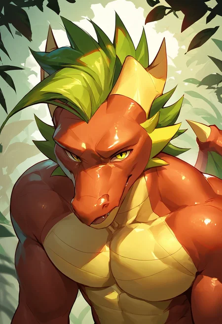 score_9, score_8_up, score_7_up, score_6_up, score_5_up, source_furry, solo, looking at viewer, 
male, dragon, anthro, male, red skin, yellow underbelly, green spiked hair, thick tail, forest
