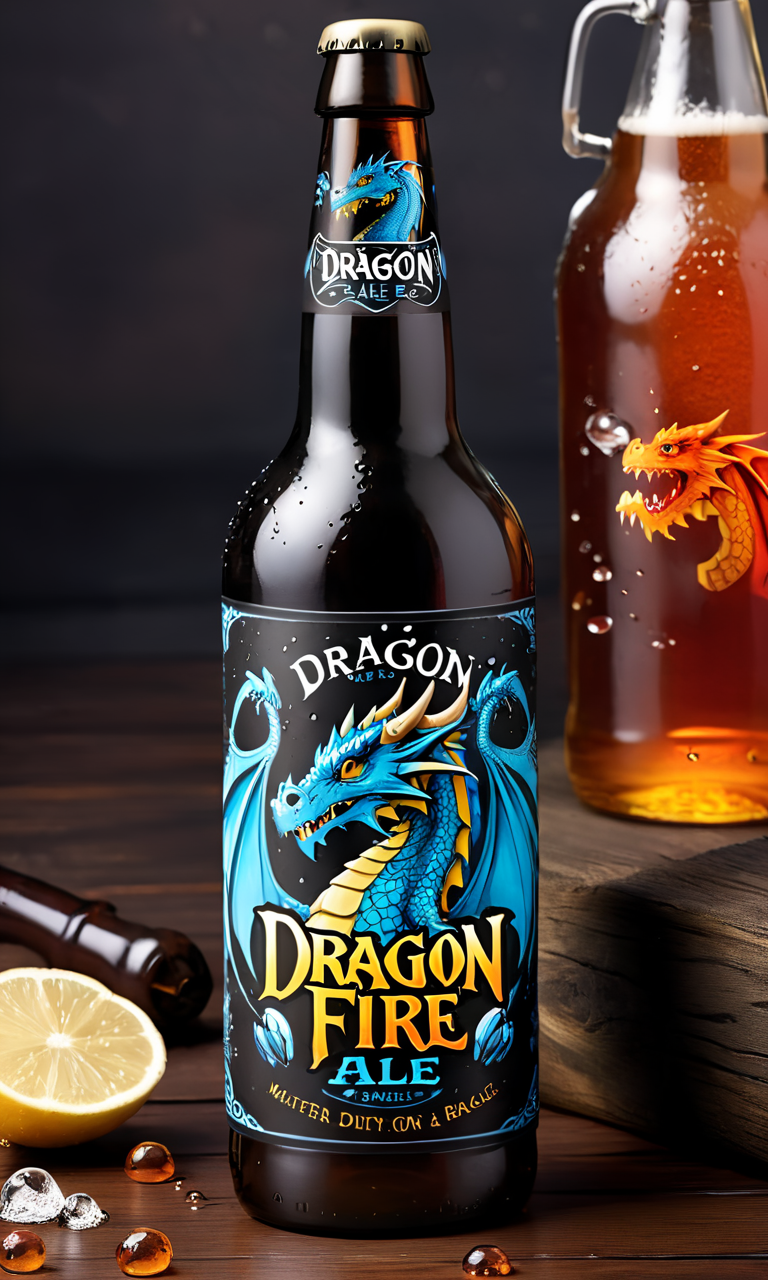 <lora:bevlabsdxl:0.9>,a beer bottle with a dragon on it, text " Dragon Fire Ale", bevlabsdxl,  best quality, masterpiece, water droplets, logo