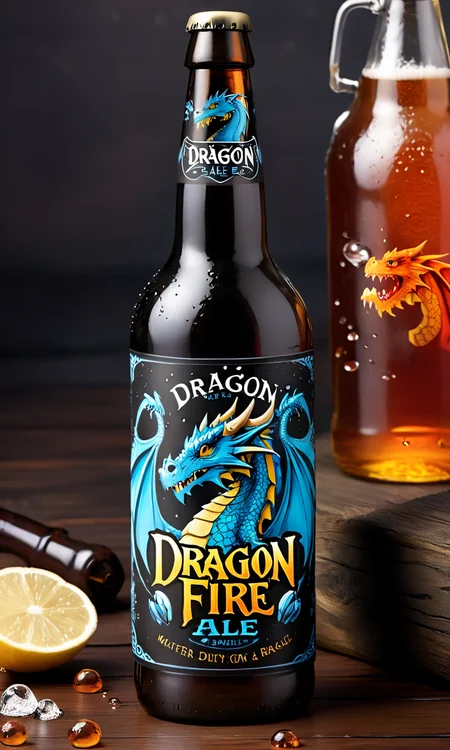 <lora:bevlabsdxl:0.9>,a beer bottle with a dragon on it, text " Dragon Fire Ale", bevlabsdxl,  best quality, masterpiece, water droplets, logo