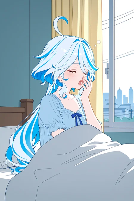 adult,(meture),(adult,(natural hair),furina (genshin impact),long hair,light blue hair, ),
[[kanase\(mcbrwn18\):0.95]],rj\(lingshih10\),[situki:0.98],[[ningen mame]],[[[ciloranko:0.85]]],
nightgown,
upper body,close-up,wide shot,
(closed eyes:1.3),light blush,
((best quality,newest,absurdres,highres,very detailed,masterpiece,safe)),(flat color:1.5),
wake up,yawning,covering mouth,bed,sitting,open curtains,window,day,morning,power_lines,cityscape,