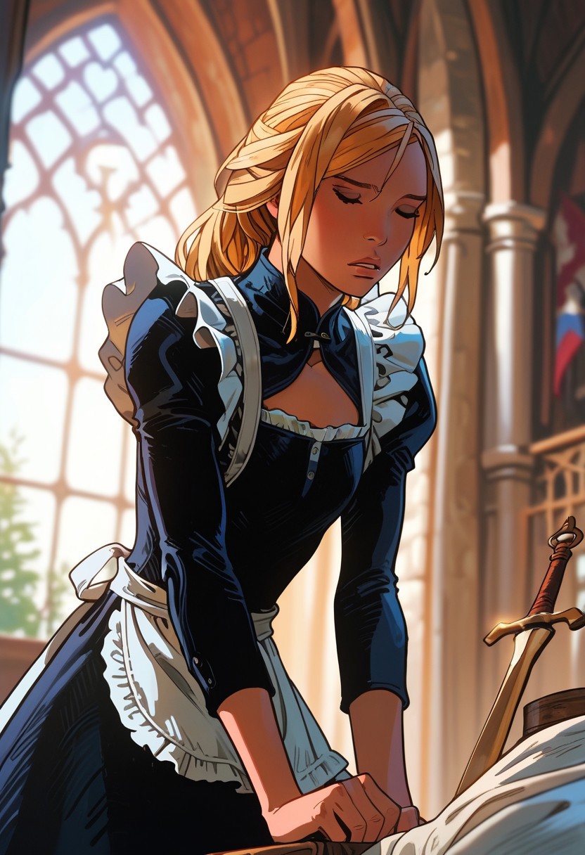 score_9,score_8_up,score_7_up, best quality, masterpiece, 1girl, solo, blonde hair, closed eyes, apron, maid, looking down, kneeling, parted lips, white maid apron, upper body, black dress, Sangre,  medieval mansion,