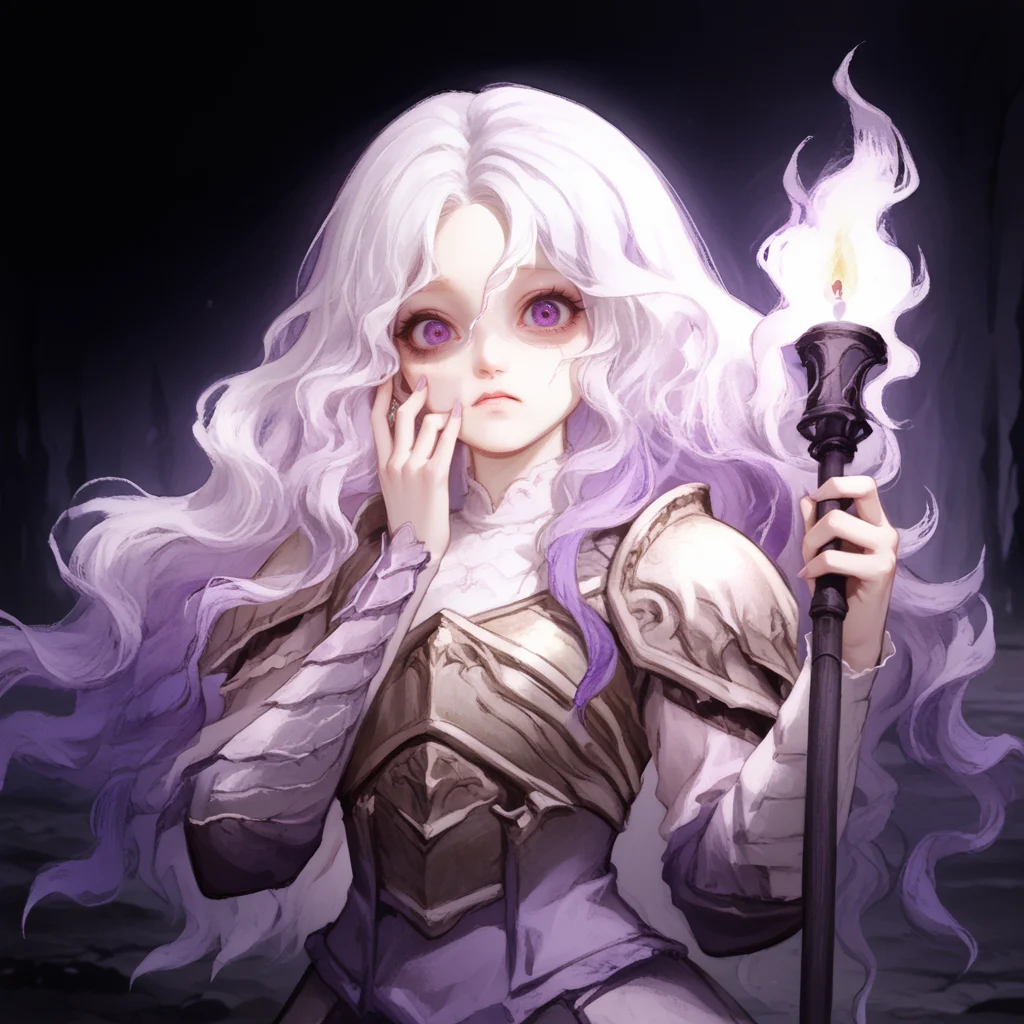 1girl,solo,<lora:St Trina:1>,upper body,st. trina,armor,white hair,purple hair,multicolored hair,wavy hair,white eyelashes,purple eyes,shaded face,
<lora:pony_good_hands:1>,good_hands,hand up,<lora:scaredv4:1>,scared expression,shaded face,wearing armor,full armor,holding torch,indoors,in dark cave,<lora:Pony_DetailV2.0:2>,<lora:ntl_pdxl:1>,ntl_style,, score_9, score_8_up, score_7_up,masterpiece, best quality, very aesthetic, absurdres,