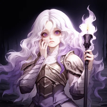 1girl,solo,<lora:St Trina:1>,upper body,st. trina,armor,white hair,purple hair,multicolored hair,wavy hair,white eyelashes,purple eyes,shaded face,
<lora:pony_good_hands:1>,good_hands,hand up,<lora:scaredv4:1>,scared expression,shaded face,wearing armor,full armor,holding torch,indoors,in dark cave,<lora:Pony_DetailV2.0:2>,<lora:ntl_pdxl:1>,ntl_style,, score_9, score_8_up, score_7_up,masterpiece, best quality, very aesthetic, absurdres,