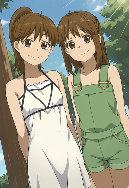 best quality, amazing quality, perfect quality, high quality, masterpiece, absolutely eye-catching BREAK
<lora:Ookiku_Furikabutte_-_Hanai_Twins:1> OofuriHanaiTwins, brown eyes, brown hair, long hair, high ponytail, half updo, wispy bangs, small breasts, head tilt, smile, looking at viewer BREAK
2girls, outside, blue sky, sunbeam, tree, light particles, from above, dutch angle, cowboy shot, green overalls, overall shorts