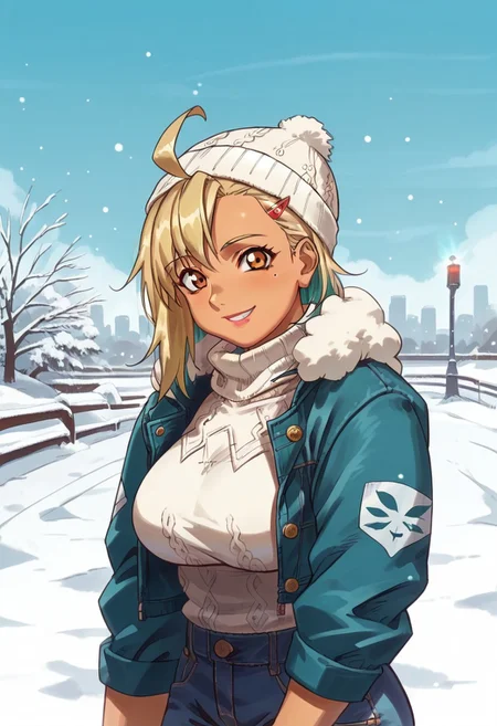 score_9, score_8_up, score_7_up, score_6_up, \n
1girl, light blonde hair, cyan highlights, cyan hair tips, groin, tan, tan skin, tanned, tanned skin, large breasts, slender, lithe, toned, toned female, amber eyes, thigh gap, hip bones, short hair, hairclip, asymmetrical hair, asymmetrical bangs, ahoge, mole under eye, \n
winter jacket, jeans, light lipstick, lipgloss, mittens, beanie, wool sweater, \n
standing, upper body, looking at viewer, smile, solo, female focus, park, city, day, sunny, sunshine, blue sky, winter, snow, \n
Masami Obari Style, by Serpieri