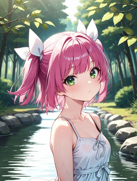 masterpiece, best quality, <lora:spo_sdxl_10ep_4k:0.5>, Perfect Hands, sfw,
<lora:urin_IL:0.8>,
1girl, solo, urin, long hair, short twintails, pink hair, green eyes, hair ribbon, white dress ,
head tilt, outdoors, water, stream, arms at sides, looking at viewer, day, river, nature, standing, tree, upper body, forest, blurry, (blurry background:1.2), dynamic lighting,