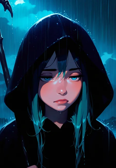 masterpiece, best quality, amazing quality, very aesthetic, high resolution, semi realistic,
1girl, neutral expression, face focus, long squirmy hair, teal wet hair, jitome, cloud, fog, holding staff, rain, hood up,