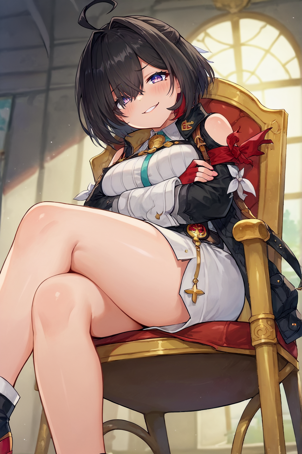 score_9, score_8_up, score_7_up,anime_source, source_anime, best background, detailed background, anime screencap,  Yumia Liessfeldt, Main Outfit, solo, indoors, sitting, throne chair, sitting, crossed legs, from below, crossed arms, blush, smug, horny, naughy face, dynamic angle, naughty face, dynamic camera, dynamic pose,   <lora:JN_Yumia_Liessfeldt:0.8>