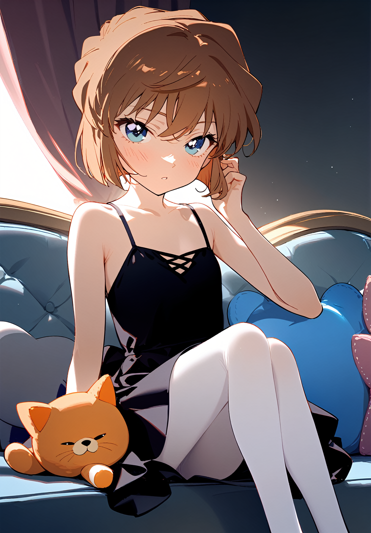 1girl, 
haibara ai, meitantei conan, 
white pantyhose, brown hair, knees up, short hair, couch, light, dress, on couch, sleeveless dress, stuffed cat, black dress, child, parted lips, holding stuffed toy, sitting, solo, pantyhose, sleeveless, hand up, stuffed animal, blush, holding, flat chest, curtains, stuffed toy, feet out of frame, bare shoulders, bare arms, indoors, blue eyes, looking at viewer, collarbone, 
masterpiece, newest, absurdres, safe
 <lora:2080ti_ag31_haibara_ai-000011:1> <lora:a31_style_koni:1>
