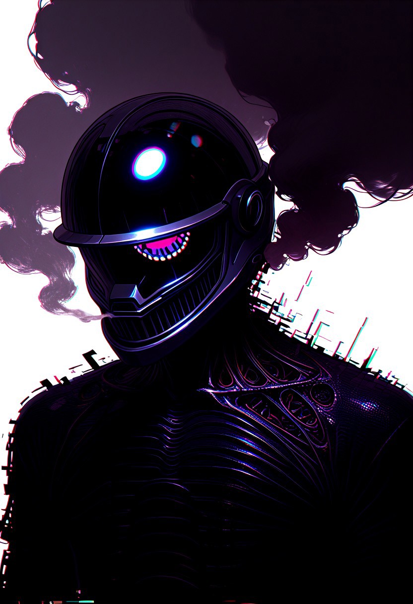 masterpiece, best quality, very aesthetic, absurdres, D1DVAP0, glitch, neon, dissociated, dissociative identity disorder,  solo, male focus, helmet, 1boy, white background, upper body, science fiction, simple background, vapor, smoke, glitch, horror (theme), glowing,