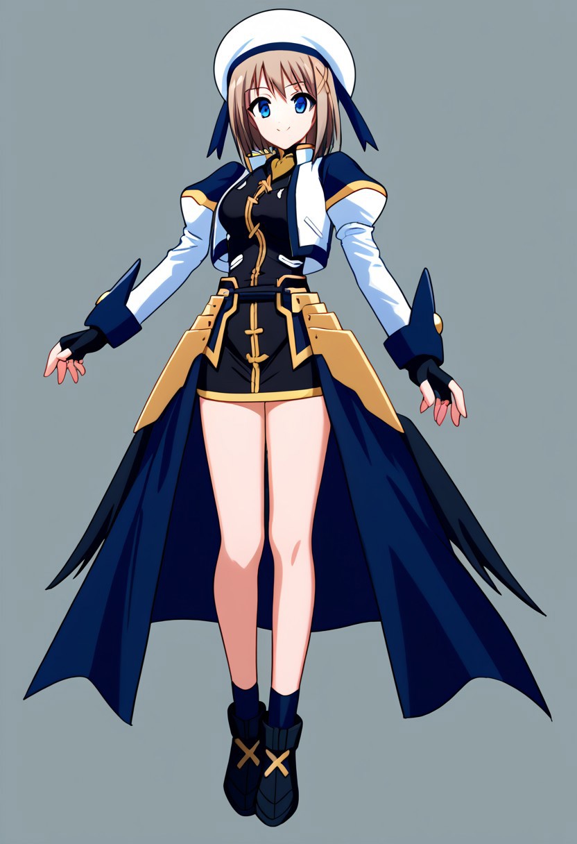 score_9, score_8_up, score_7_up, source_anime, good anatomy, 1girl, solo, black dress with gold trim, short dress, fingerless gloves, faulds, puffy sleeves, juliet sleeves, cropped jacket, open jacket, waist cape, white and navy blue jacket, waist cape, white beret, navy blue ribbon, bare legs, black shoes with gold cross, black socks, standing, smiling, full body