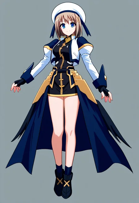 score_9, score_8_up, score_7_up, source_anime, good anatomy, 1girl, solo, black dress with gold trim, short dress, fingerless gloves, faulds, puffy sleeves, juliet sleeves, cropped jacket, open jacket, waist cape, white and navy blue jacket, waist cape, white beret, navy blue ribbon, bare legs, black shoes with gold cross, black socks, standing, smiling, full body