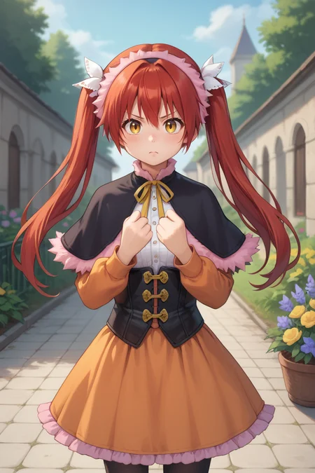 (score_9, score_8_up, score_7_up, score_6_up), source anime, BREAK, <lora:Emilia:0.7> , emidef, 1girl, red hair, long hair, twintails, yellow eyes, pink fur trim, fur-trimmed hairband, fur-trimmed capelet, black capelet, long sleeves, orange sleeves, fur-trimmed dress, (purple dress), (skirt under dress), orange skirt, corset, (layered dress), neck ribbon, black leggings, boots, looking at viewer, tsundere, boxing pose, BREAK, <lora:zy_Detailed_Backgrounds_v1:0.3> , detailed background, highly detailed, exterior, garden, courtyard, scenery, flowers, <lora:SnowStylePonyXL:0.8>
