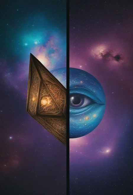 eye, galaxy, platonic solid, sword