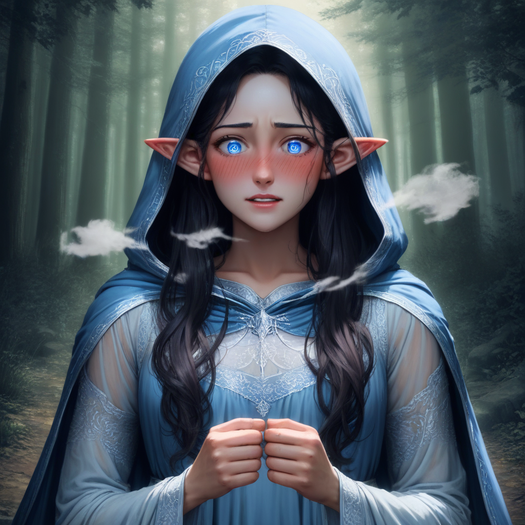 score_9, score_8_up, score_7_up, source_anime, expressive, anime, Artist speedlines, dynamic, 1girl, Arwen_Undómiel,tolkien's_legendarium, BREAK, Arwen\(Lord_of_the_Rings\),  Arwen, elf, pointy ears, blue eyes, black hair, long hair, sidelocks, 1woman, blush, blushing, embarrassed, sensual, horny, longing,  blue dress, lace, see-through, blue cloak, blue hood, detailed eyes, blushing, horny, uncensored, source_hentai steam, full-face_blush, happy horny, in_the_woods, Lothlórien, forest