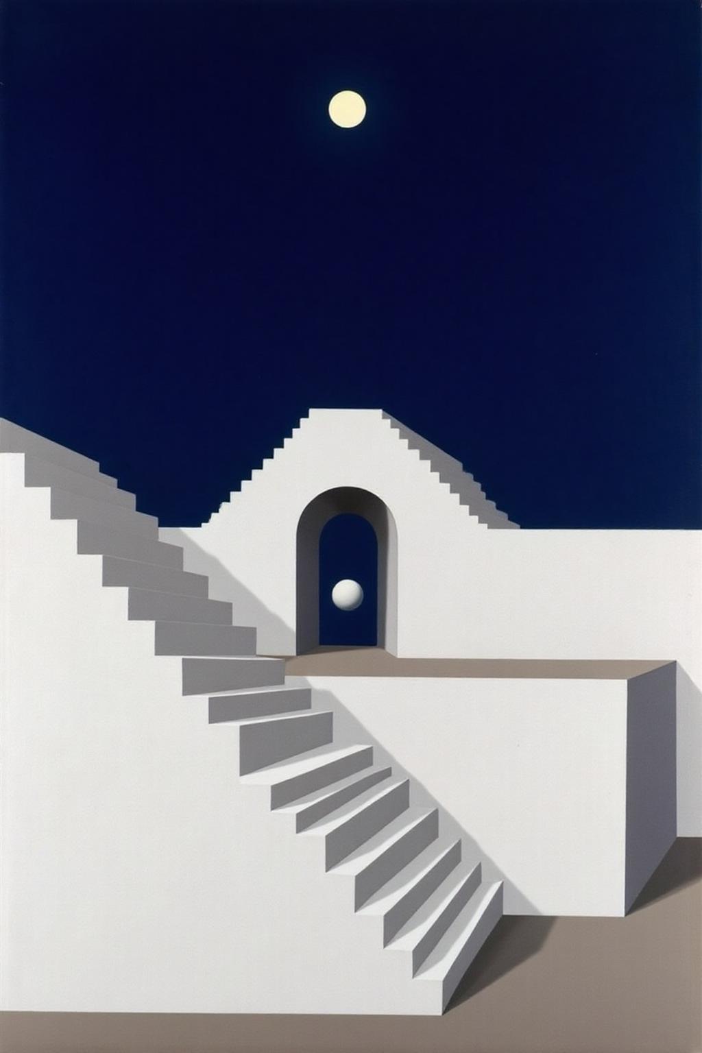 renemag1 painting.
A stark, geometric architectural structure against a deep blue sky. The scene is dominated by a large, white, stepped pyramid structure on the left side of the image, with steps ascending from bottom left to top right. The steps are rendered in a light, cool grey tone, providing a stark contrast to the white structure. There is a moon in the sky above. There is a round ball visible behind the opening arch.
 <lora:renemag1_cap_d6a3:1.0><lora:829578216315467740:0>