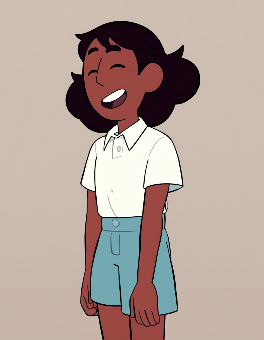 <lora:ConnieMaheswaranPony:1> Connie, solo, blue shorts, short sleeves, smile, closed eyes, white shirt, tied hair, open mouth, collared shirt, shirt tucked in, 1girl, brown hair, dark-skinned female, score_9, score_8_up, score_7_up, score_6_up, score_5_up, score_4_up, looking at viewer, cowboy shot,