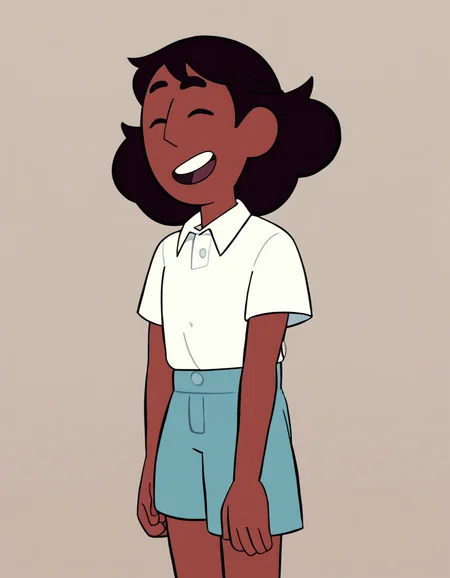 <lora:ConnieMaheswaranPony:1> Connie, solo, blue shorts, short sleeves, smile, closed eyes, white shirt, tied hair, open mouth, collared shirt, shirt tucked in, 1girl, brown hair, dark-skinned female, score_9, score_8_up, score_7_up, score_6_up, score_5_up, score_4_up, looking at viewer, cowboy shot,