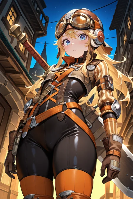 masterpiece, very aesthetic, absurdres, best quality, amazing quality, high resolution, <lora:illustrious_quality_modifiers_masterpieces_v1:0.8> , <lora:ChamIllustriousBackgroundEnhancer:0.5>,  solo   <lora:InzaghiIL:0.8> , InzDef, 1boy, blonde hair, sidelocks, long hair, blue eyes, goggles, goggles on head, goggles on headwear, helmet, armor, elbow pads, orange straps, popped collar, layered shirt, cross-laced top, black bodysuit, bodysuit under clothes, striped sleeves, long sleeves, orange thighhighs, gloves, brown gloves, weapon, huge weapon, sword, sheathed, sword on back, weapon on back, looking at viewer, from below, imposing, night, exterior, cowboy shot,