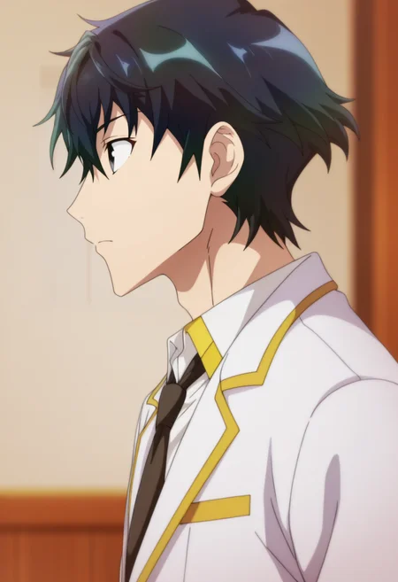 masterpiece, best quality, amazing quality,high resolution,intricate details,official style,depth of field,anime screencap , , , 1boy, solo, male focus,  <lora:Desir_Herrman:0.97>,desir herrman,black hair,multicolored hair,black eyes,short hair,school uniform,white jacket,collared shirt,necktie,from side,profile