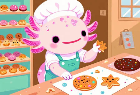 pikaole of, axolotl baker, in a cookie shop, baking fresh cookies, wearing a cute apron, shelves filled with assorted cookies, the axolotls have pink frilly gills and round black eyes