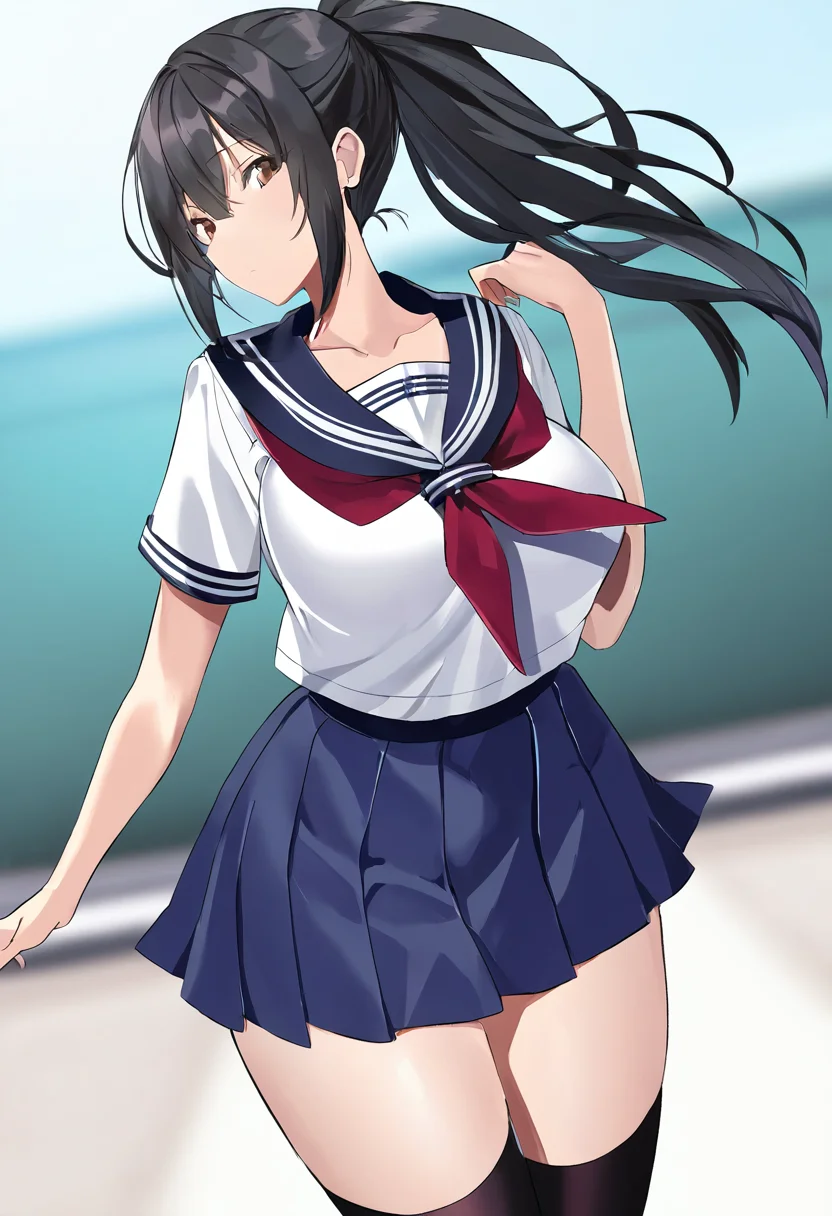 masterpiece,best quality,
<lora:MSIZE_Style_Pony:1>,msize_style,1girl,solo,black hair,ponytail,long hair,brown eyes,school uniform,serafuku,sailor collar,red neckerchief,blue skirt,pleated skirt,zettai ryouiki,collarbone,large breasts,
looking at viewer,cowboy shot,dutch angle,dynamic pose,