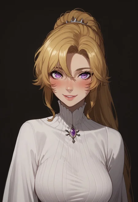 score_9, score_8_up, score_8. score_9, score_8_up, score_7_up, score_6_up, masterpiece, 4k, high quality, (best quality:1.1), ExpressiveH
1girl, YangXiaoLong, long hair, blonde hair, purple eyes, ponytail, large breasts, blushing, looking at viewer, smiling, g0dd3ss, white dress
green background