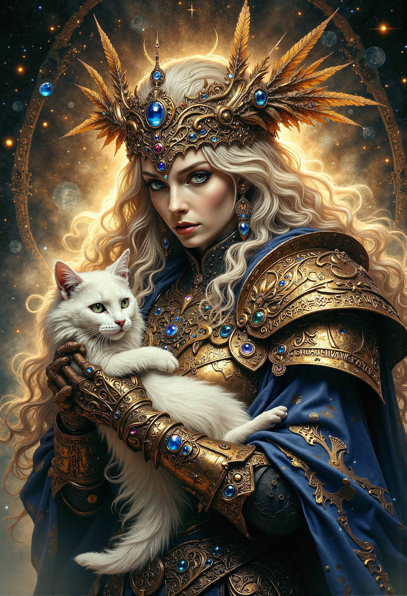 The Norse goddess Freyja, resembling Kathryn Winnick, holding a cat, intricate fantasy portrait. Freyja wearing ornate golden armor with Norse runes, adorned with jewels and precious stones. Elaborate headdress with feathers and mystical symbols. Holding a fluffy white cat in her arms. Surrounded by magical aura and swirling energy.  Highly detailed, ethereal lighting, digital painting style. <lora:Dever_Flux_Enhancer.safetensors:0.5>,  <lora:Elden_Ring_-_Yoshitaka_Amano.safetensors:1.0>,  <lora:aiai-Glimra-Flux-Dev-v2.safetensors:0.5>,  <lora:Movie_Portrait.safetensors:0.5>,  <lora:- Flux1 - soothing_atmo_V2.0.safetensors:0.2>,  <lora:lith_mimosa_kiel_grw134_FLUX.safetensors:0.4>,