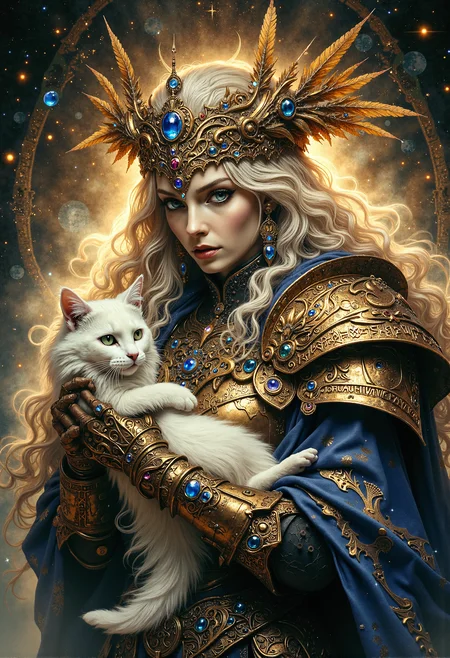 The Norse goddess Freyja, resembling Kathryn Winnick, holding a cat, intricate fantasy portrait. Freyja wearing ornate golden armor with Norse runes, adorned with jewels and precious stones. Elaborate headdress with feathers and mystical symbols. Holding a fluffy white cat in her arms. Surrounded by magical aura and swirling energy. Highly detailed, ethereal lighting, digital painting style. <lora:Dever_Flux_Enhancer.safetensors:0.5>, <lora:Elden_Ring_-_Yoshitaka_Amano.safetensors:1.0>, <lora:aiai-Glimra-Flux-Dev-v2.safetensors:0.5>, <lora:Movie_Portrait.safetensors:0.5>, <lora:- Flux1 - soothing_atmo_V2.0.safetensors:0.2>, <lora:lith_mimosa_kiel_grw134_FLUX.safetensors:0.4>,