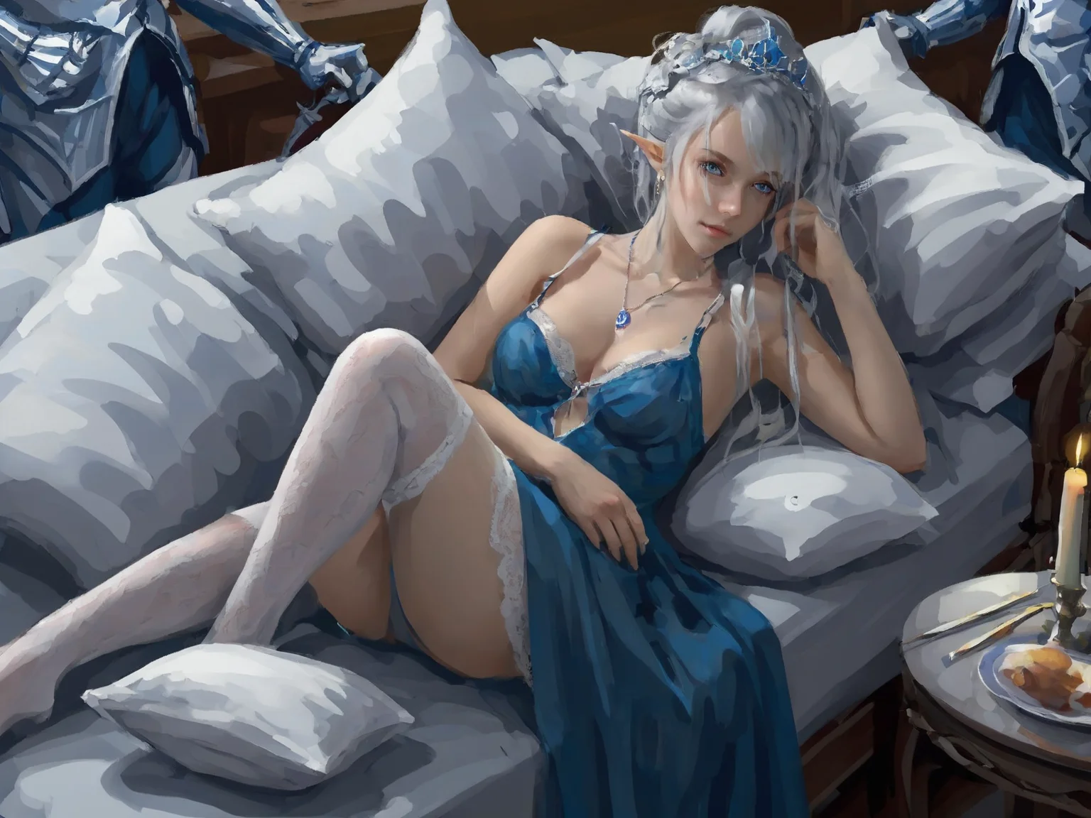 1girl, thighhighs, jewelry, garter straps, lying, breasts, necklace, long hair, pillow, on back, lace-trimmed legwear, dress, white thighhighs, solo, holding, bare shoulders, lace trim, underwear, tiara, blue eyes, cleavage, white hair, hair ornament, medium breasts, white dress, indoors, lace, lingerie, pointy ears, pendant, earrings, candle, armor, bed, paintbrush, grey hair, ass, couch, lips, solo focus, garter belt, elf, closed mouth, ponytail, panties, on bed, realistic,
<lora:wlop_v1.1:0.6>,