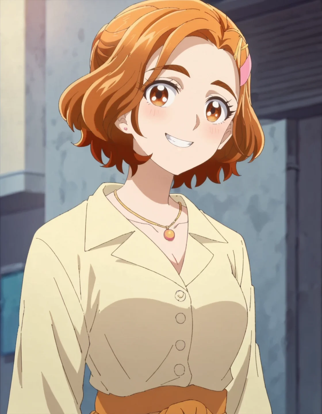 score_9, score_8_up, score_7_up, 1girl, solo, anime screencap, 1girl, solo,hyuugasaki, jewelry, hair ornament, smile, looking at viewer, shirt, hairclip, yellow shirt, necklace, cowboy shot,medium breasts,blush <lora:hyuugasaki:0.8>