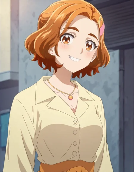 score_9, score_8_up, score_7_up, 1girl, solo, anime screencap, 1girl, solo,hyuugasaki, jewelry, hair ornament, smile, looking at viewer, shirt, hairclip, yellow shirt, necklace, cowboy shot,medium breasts,blush <lora:hyuugasaki:0.8>