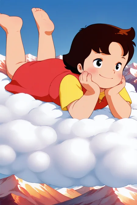 masterpiece, best quality, amazing quality, absurdres, alpsheidi, brown hair, solo, smile, lying, head rest, on stomach, on cloud, lying on cloud, yellow shirt, red dress, barefoot, outdoors, mountains, blue sky, retro artstyle