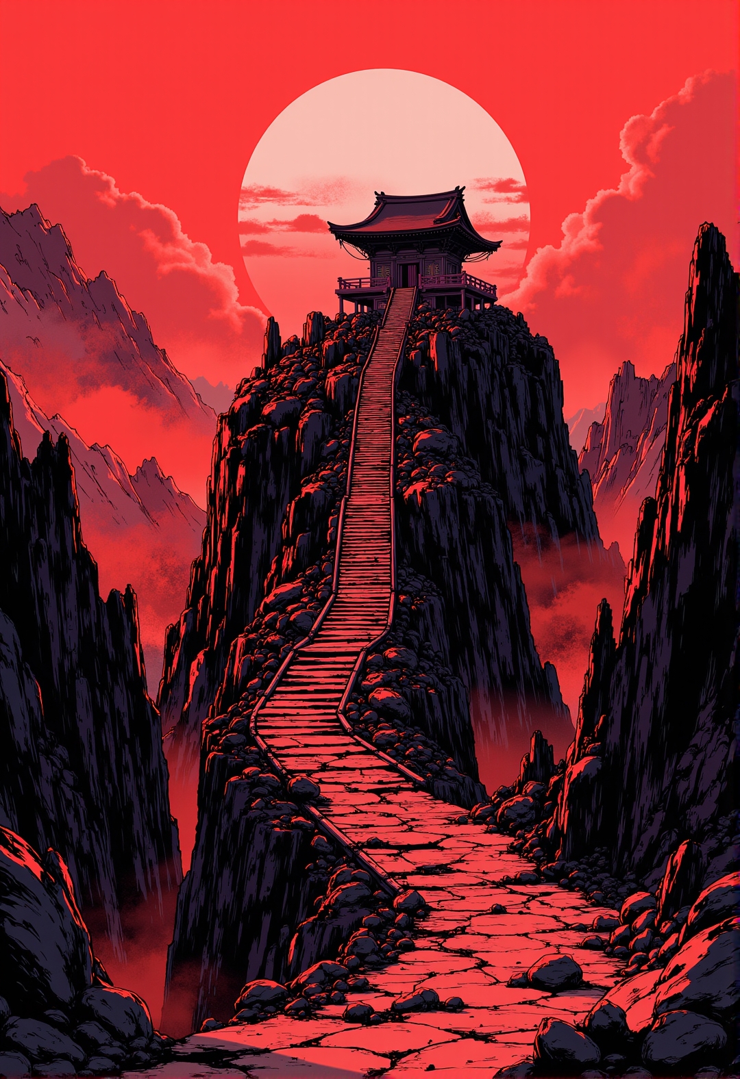<lora:ck-ghost-reaper:0.9>, This is a digital artwork in the style of ckgr,
Inkpunk Anime, inksketch in red and black, image of shinto shrine on top of a mountain, long flight of steps up to it, canyon, ravine, sunset, mist