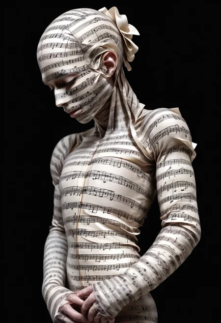 s body wrapped in sheet music from head to toe, black background,s body wrapped in sheet music from head to toe, black background