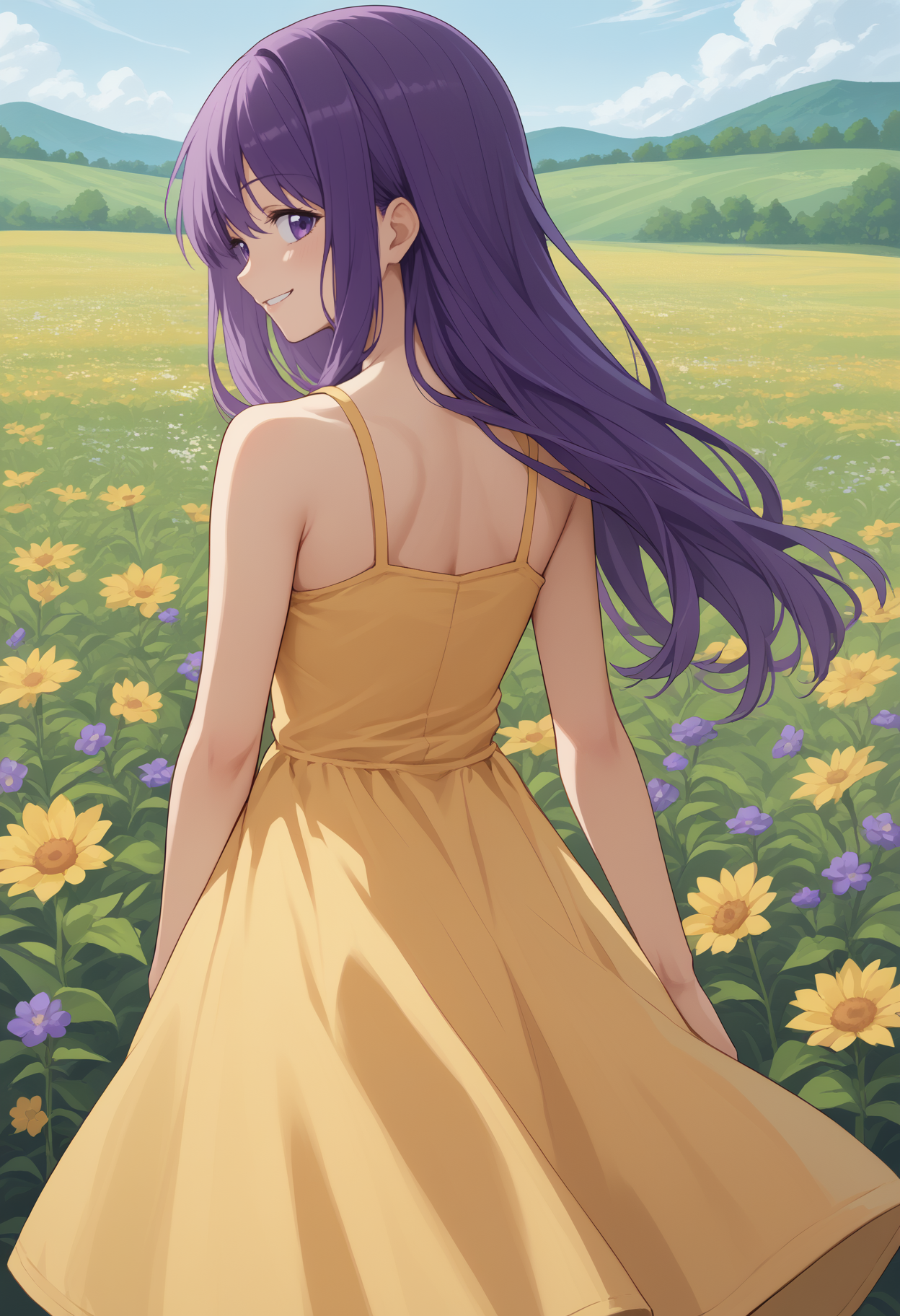 score_9, score_8_up, score_7_up, source_anime, <break> from behind, solo, 1girl, kubo nagisa, smile, looking back, long hair, purple hair, purple eyes, yellow sundress, bare shoulders, outdoors, flower field
<segment:yolo-face_yolov8m.pt,0.4,0.5//cid=1>
