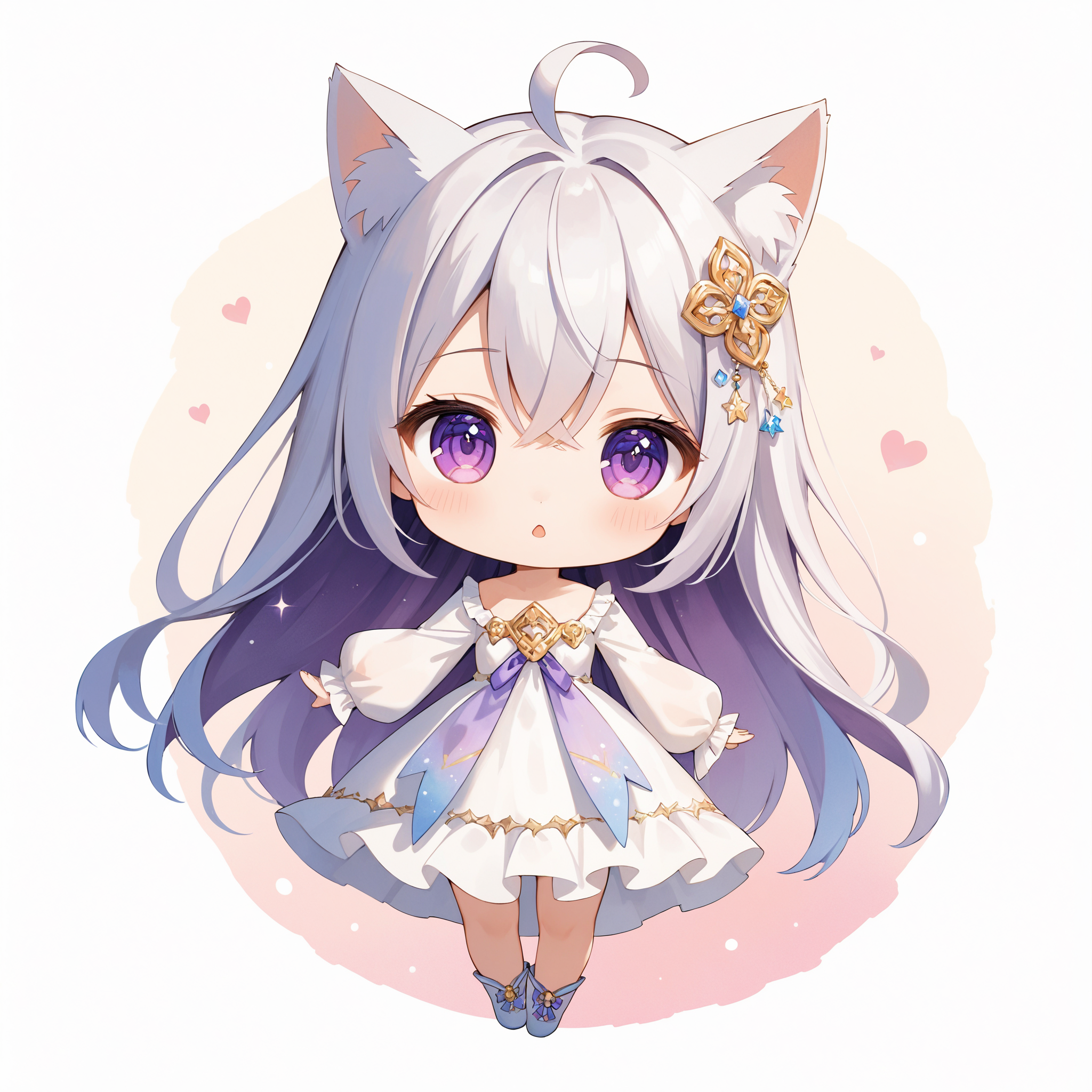 SceneDescription:
  - Composition: Full body shot. Cinematic angle.
  - Subject: A very cute girl.
    - Characteristics:
      - Face: (Round face:1.2).
      - Eyes: Detailed dark-purple eyes.
      - Hair: Long straight hair with ribbon ornament, (shine silver hair), (shine silver inner hair), (ahoge:1.05), cat ears and hair between eyes.
      - Body: Detailed body. Small breasts.
      - Clothing: White chiffon maxi dress and ruffled long sleeves.
      - Expression: :o.
      - Posing: Cute pose. Looking at viewer.
  - Background: No background. White background.
ArtStyle: Chibi. Deformed. Watercolor. Traditional media.
Quality: Intricate details. Extremely detailed. Outstanding intricacies. (Masterpiece:1.2). (Best quality:1.2). (Absurdres absolutely resolution:1.4).
Mood: Serene atmosphere.