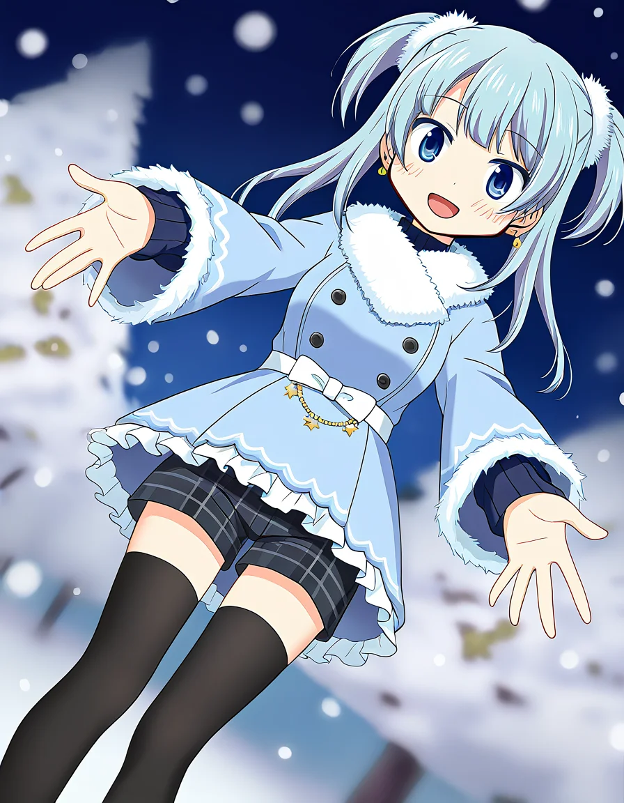 masterpiece, best quality, newest, absurdres, highres, safe, 1girl, minami rena \(winter costume\), magia record: mahou shoujo madoka magica gaiden, bare hands, black plaid shorts, black kneehighs, solo, snowing, outdoors, dutch angle, <lora:minami_rena_noobaiXLNAIXL_vPred10Version:0.7>