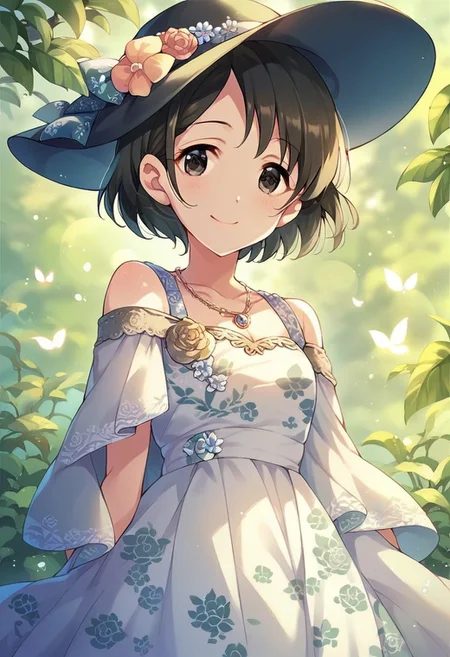 score_9, score_8_up, score_7_up, score_6_up, score_5_up, score_4_up,sasaki chie, short hair, black hair, black eyes, 1girl, hat, solo, necklace, smile, jewelry, dress, looking at viewer, floral print, shoulder cutout, hair over shoulder
