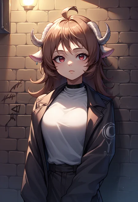 score_9, score_8_up, source_anime, 1girl, solo, Eyjafjalla, curled horns, ahoge, earrings, sharp eyes, choker, neon shirt, open jacket, turtleneck sweater, night, against wall, brick wall, graffiti, dim lighting, alley, looking at viewer, <lora:ChamPonyXLEyjafjalla:1>