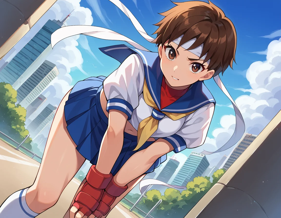 score_9, score_8_up, score_7_up, source_anime,
sakurakasugano, <lora:sakura-kasugano-ponyxl-lora-nochekaiser:1>,
sakura kasugano, brown eyes, brown hair, short hair, mature female,
ankle socks, blue skirt, crop top, headband, midriff, miniskirt, navel, sailor collar, school uniform, shoes, short sleeves, skirt, sneakers, socks, stomach, shirt, white shirt, white headband, gloves, red gloves,
outdoors, cityscape, bent over,
looking at viewer, dutch angle, cowboy shot,