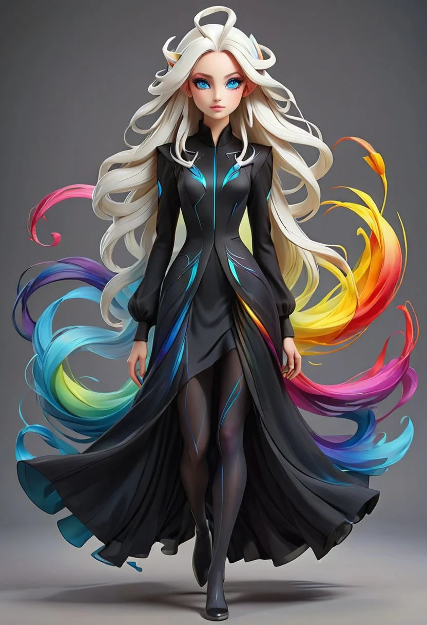 artshmll, pencil contour drawing, artfshnshtr, artxldnc
A digital illustration of an elegant, full body character design of an alien with white skin, full body concept art of an alien woman with white skin, full body concept art of an elegant and mysterious female Pokemon, black suit made in the gradient rainbow colors that flow like water around her feet, character in the style of Pokemon anime, cinematic lighting, clean background, dark grey background, detailed linework, digital painting, dynamic pose, embodying grace and power while focusing on her face., exuding confidence as she strikingly walks forward with a poised and graceful posture, fantasy, flat colors, fulllength portrait, high resolution, hyperrealistic details, long ears and blue eyes wearing a black dress in the style of pokemon with a colorful aura, long hair and colorful aura, no shadows, sharp focus, simple lines, smooth shading, style in the style of cartoon digital painting, symmetrical composition, vector illustration, wearing sleek black adorned with colorful accents that glow softly around her form. She stands tall against a grey background, vibrant colors, white mask with long hair and glowing blue eyes, slender female character with white hair and blue eyes in the style of Pokemon anime