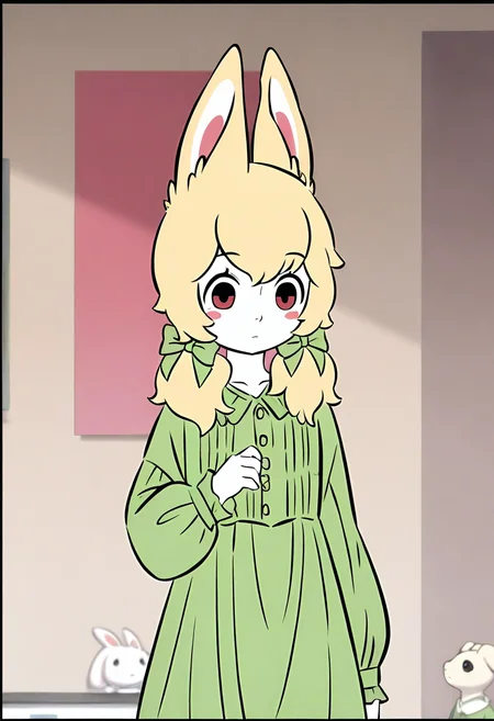 <lora:xiaoyu:1>,xiaoyu,1girl,solo,furry female,black eyes,red eyes,blonde hair,twintails,hair bow,animal ears,white skin,
green dress,dress,long sleeves,green bow,, masterpiece,best quality,amazing quality,absurdres, anime screenshot,