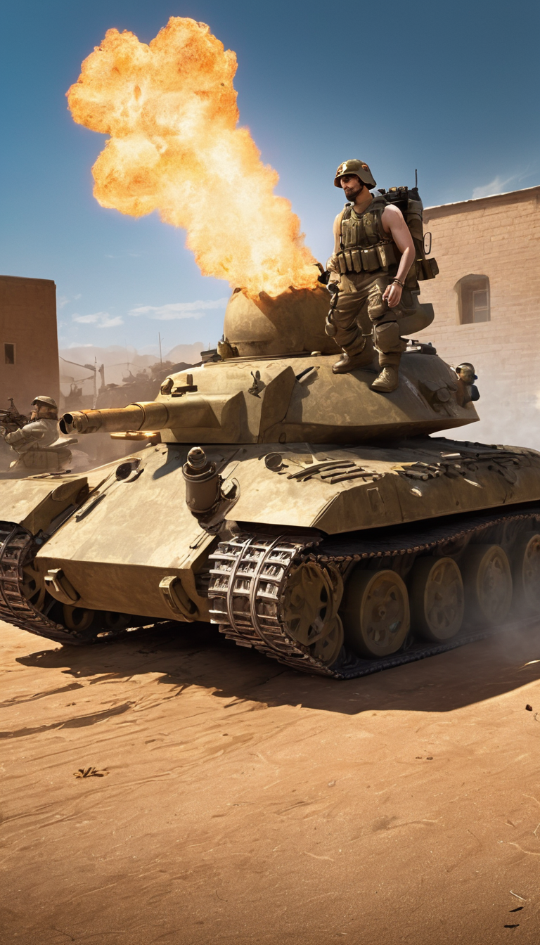 Cinematic scene, NOD flamethrower tank and troops <lora:command_and_conquer_v0.0.1:1>, vivid, detailed background, masterpiece, best quality, high quality, absurdres