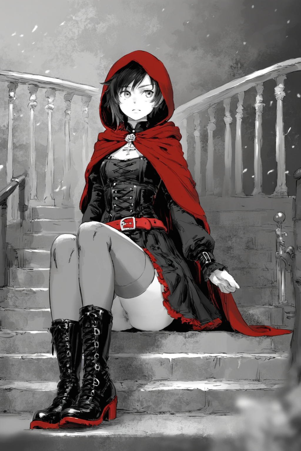 score_9, score_8_up, score_7_up, rating_explicit, rating_questionable, rwby, ruby rose, arm belt, belt, belt buckle, black belt, black dress, black footwear, black hair, boots, brown belt, buckle, chest belt, cloak, cross-laced clothes, cross-laced dress, dress, frilled dress, frills, grey thighhighs, hood, hooded cloak, long sleeves, multiple belts, pleated skirt, puffy long sleeves, puffy sleeves, red belt, red cloak, shoe belt, short hair, solo, solo focus, cowboy shot, wide shot,detailed background,dark,high contrast, Sitting on a staircase with legs bent, looking away., <lora:godiva_grey:1>, monochrome, greyscale
