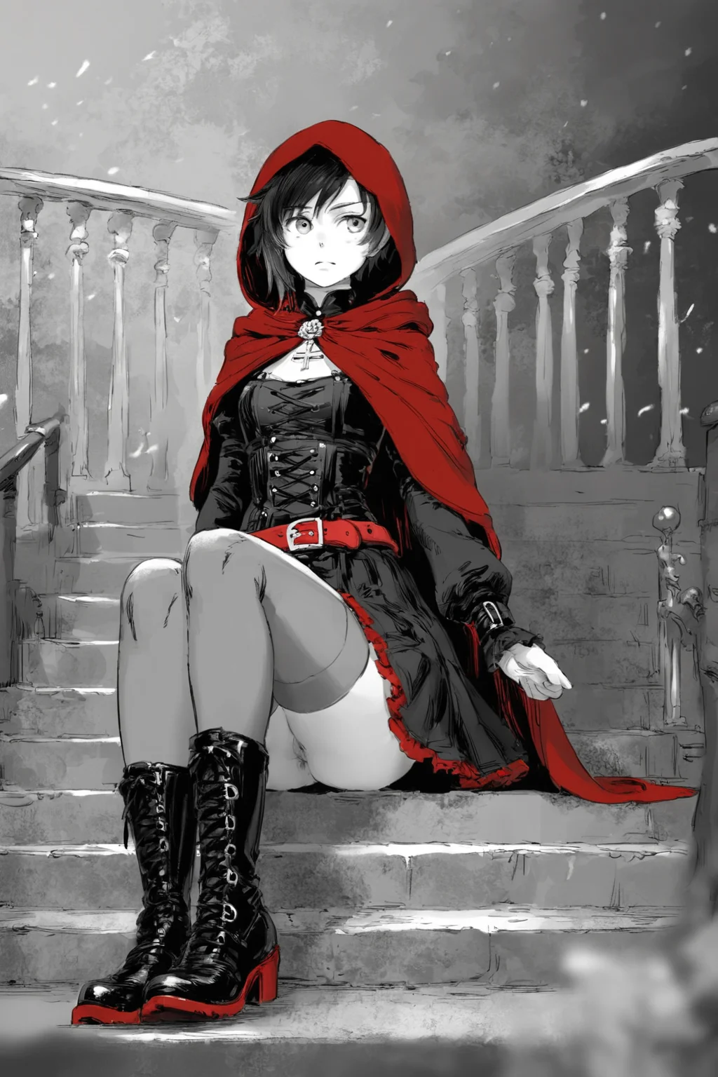 score_9, score_8_up, score_7_up, rating_explicit, rating_questionable, rwby, ruby rose, arm belt, belt, belt buckle, black belt, black dress, black footwear, black hair, boots, brown belt, buckle, chest belt, cloak, cross-laced clothes, cross-laced dress, dress, frilled dress, frills, grey thighhighs, hood, hooded cloak, long sleeves, multiple belts, pleated skirt, puffy long sleeves, puffy sleeves, red belt, red cloak, shoe belt, short hair, solo, solo focus, cowboy shot, wide shot,detailed background,dark,high contrast, Sitting on a staircase with legs bent, looking away., <lora:godiva_grey:1>, monochrome, greyscale